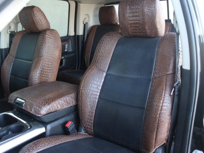 2015 RAM 3500 | Black Perforated Sof-Touch | Java Croc 2015 RAM 3500 seat covers in Black Perforated Sof-Touch and Java Croc leatherette