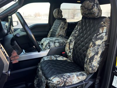 2018 Ford F-350 front seat covers in Kryptek Skyfall camouflage with black diamond Sof-Touch inserts