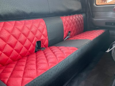 1996 Ford F-250 rear bench red ostrich diamond leatherette seat covers with black ostrich accents