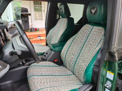 2024 Ford Bronco front Saddle Blanket seat covers in Green Saddle Blanket with embroidered headrest logos