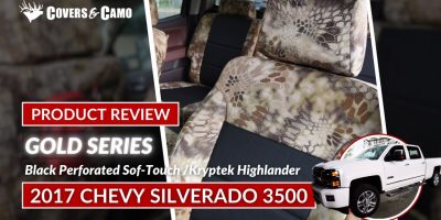 2017 Chevy Silverado 3500 | Black Perforated Sof-Touch | Kryptek Highlander 2017 Chevy Silverado 3500 front Kryptek seat covers with Black Perforated Sof-Touch inserts and Kryptek Highlander trim