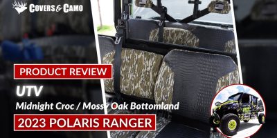 2023 Polaris Ranger UTV seat covers in Mossy Oak Bottomland camouflage with Midnight Croc inserts