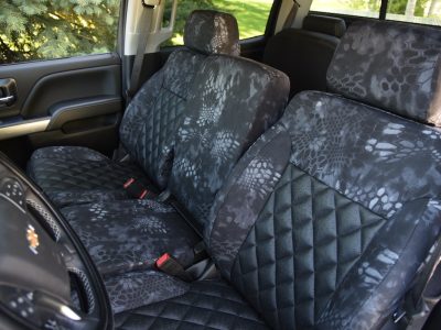<b>2019 Chevy Silverado 3500
</b><br>
Insert: Black Ostrich E01 Diamond (Sim. Leather)
</br>Trim: Kryptek® Typhon™ C71 (Canvas)
<br>Product: Camo - Gold Series </br> | Covers and Camo