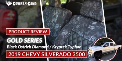 2019 Chevy Silverado 3500 | Black Ostrich Diamond | Kryptek Typhon 2019 Chevy Silverado 3500 Kryptek seat covers with Black Ostrich Diamond inserts and Kryptek Typhon trim