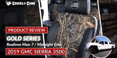 2019 GMC Sierra 3500 | Realtree Max-7 | Midnight Croc 2019 GMC Sierra 3500 front seat covers with Realtree Max-7 inserts and Midnight Croc trim