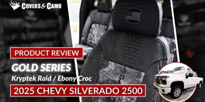 2025 Chevy Silverado 2500 | Kryptek Raid | Ebony Croc 2025 Chevy Silverado 2500 seat covers with Kryptek Raid inserts and Ebony Croc trim