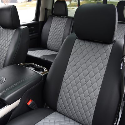 <b>
2022 RAM 1500
</b>
<br>
Insert: Light Gray Faux Leather Diamond Stitch
</br> Trim: Black Faux Leather
</br>Product: Faux Leather - Silver Series | Covers and Camo