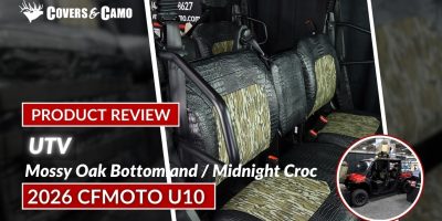 2026 CFMOTO U10 Pro XL | Mossy Oak Bottomland / Midnight Croc 2026 CFMOTO U10 Pro XL rear UTV Exotic Seat Covers with Mossy Oak Bottomland inserts and Midnight Croc trim