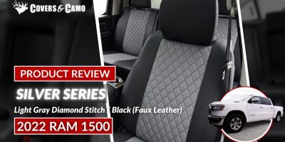 2022 RAM 1500 | Light Gray Diamond | Black / Black Stitch 2022 RAM 1500 seat covers in Light Gray Diamond and Black faux leather with Black Stitch
