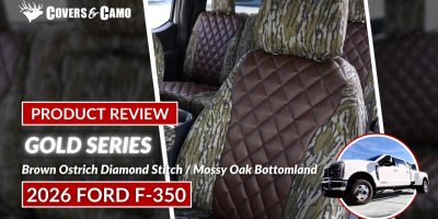2026 Ford F-350 seat covers in Brown Ostrich Diamond and Mossy Oak Bottomland camouflage