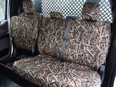 Rear bench view of 2019 Ford F-550 seat covers in Mossy Oak Shadow Grass Blades camouflage