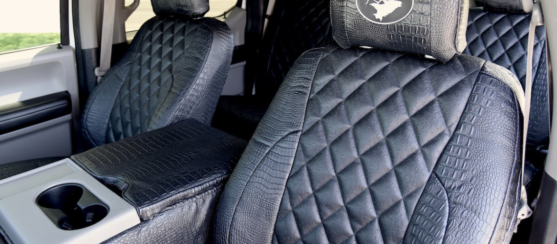 2018 Ford F-150 front seat covers with Black Ostrich Diamond inserts and Midnight Croc trim