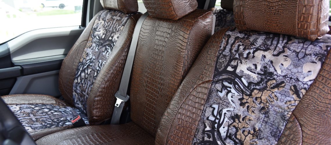 2019 Ford F-350 front seat covers in Goldberg Bone N Stone camouflage with Java Croc trim