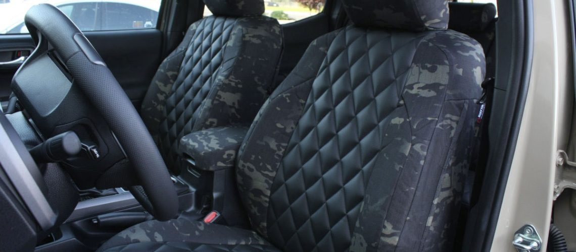 2020 Toyota Tacoma front MultiCam Black seat covers with Black Sof-Touch Diamond inserts
