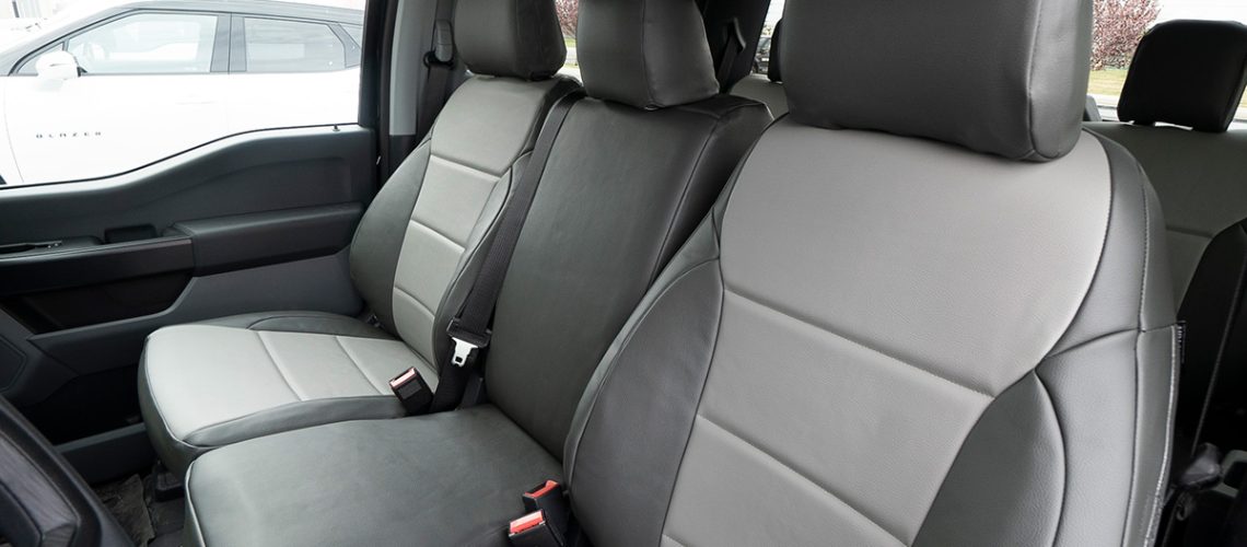 2021 Ford F-150 front seat covers in Medium Gray and Charcoal Sof-Touch simulated leather