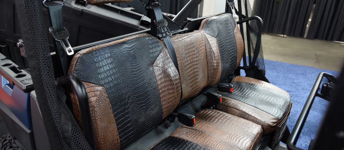 2024 Polaris Ranger 1000 passenger-side rear UTV Exotic Seat Covers with Midnight Croc inserts and Java Croc trim
