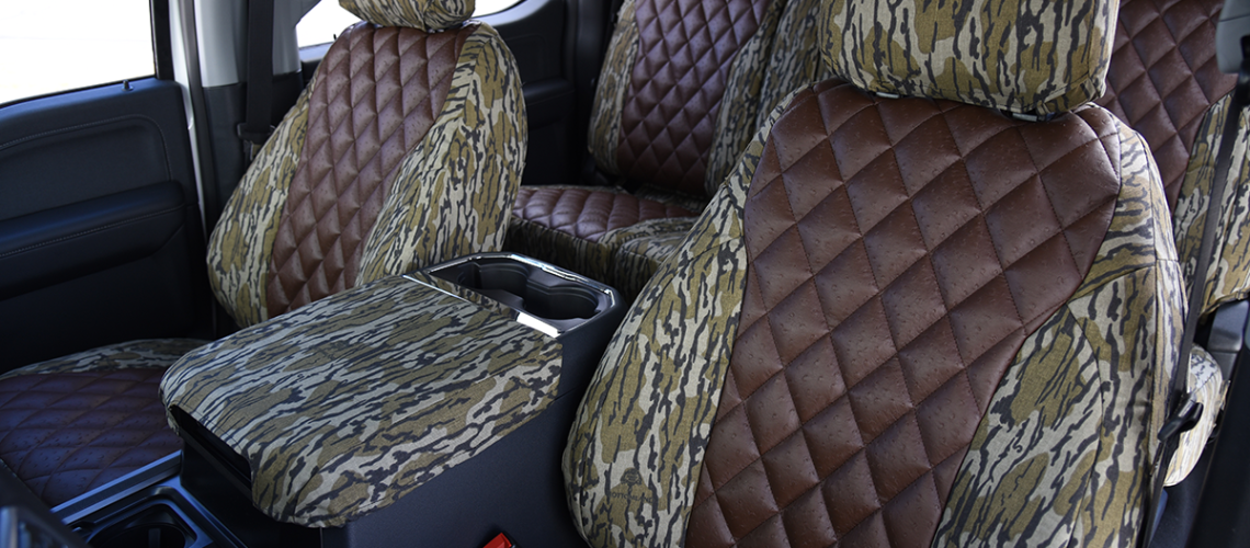 2026 Ford F-350 seat covers in Brown Ostrich Diamond Stitch leatherette and Mossy Oak Bottomland camouflage